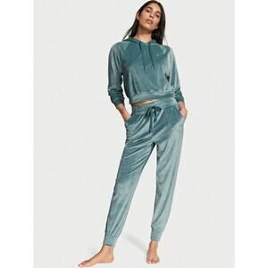 Victorias Secret Tracksuit Hoodie XL Jogger Pants M Sage Green Velour Ribbed NWT